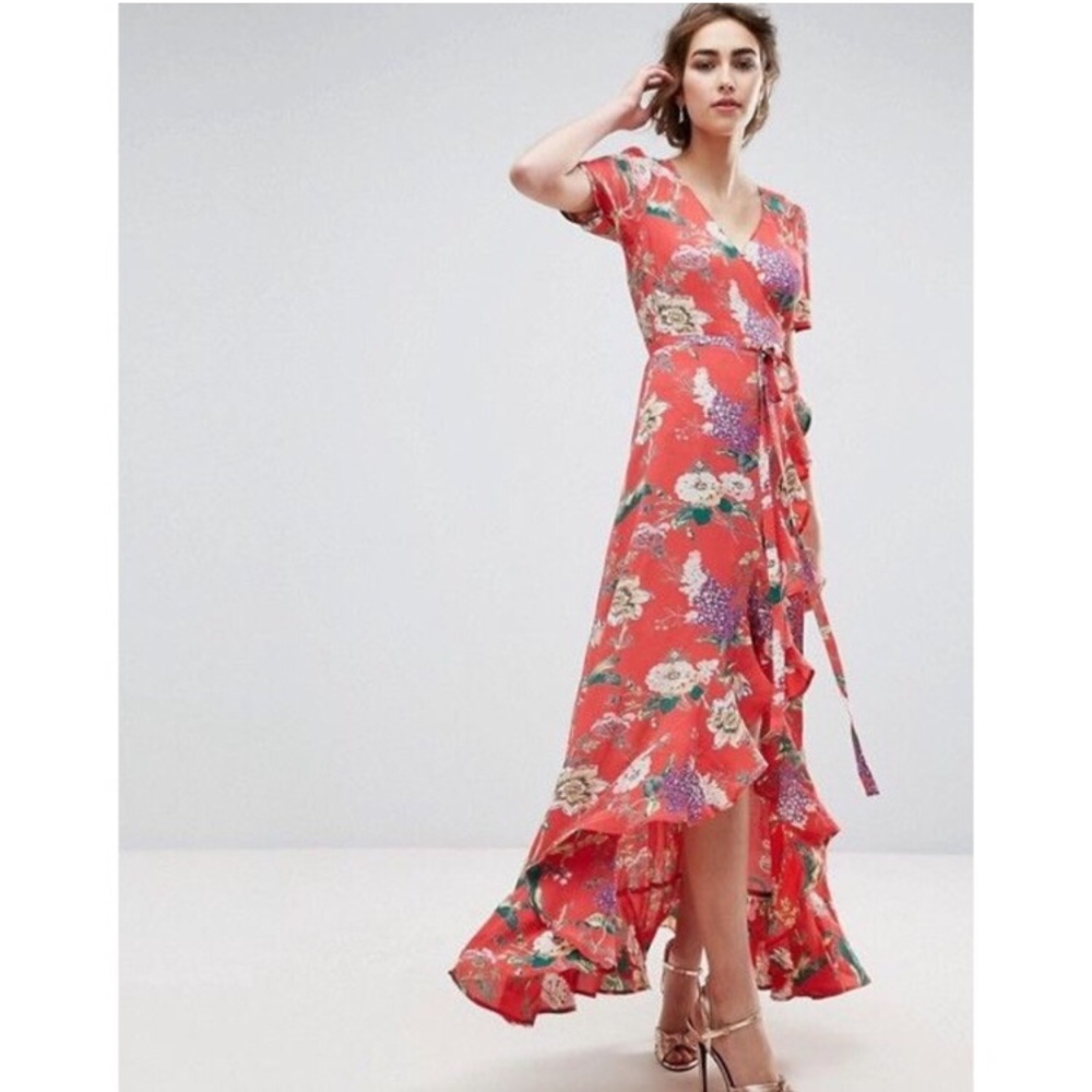 ASOS EUC red floral maxi wrap dress US size 10